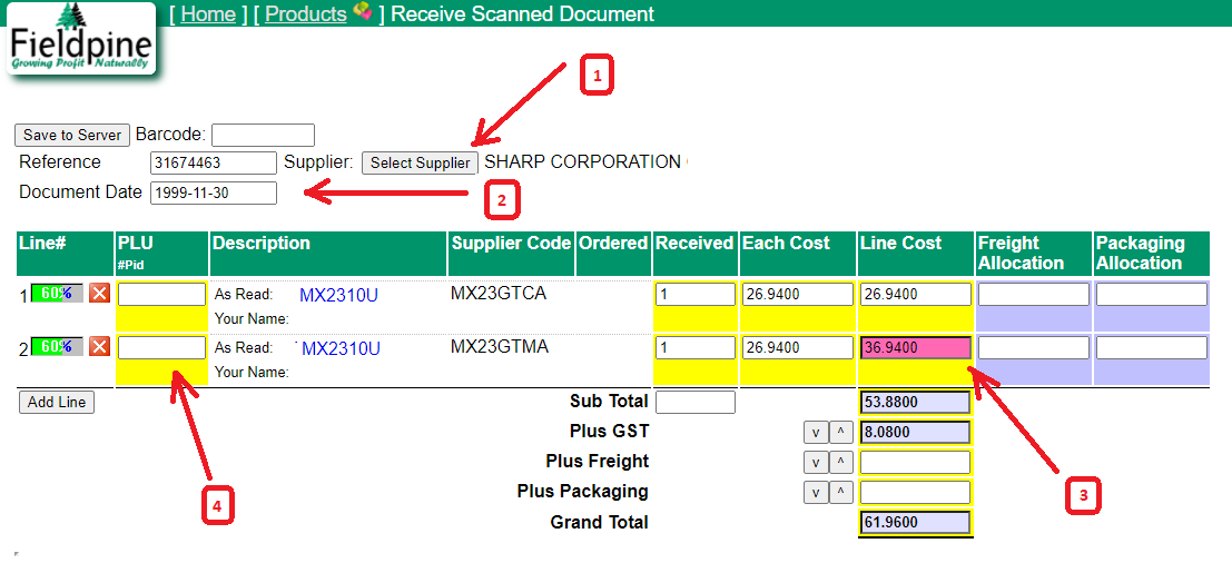 Example of scanned invoice