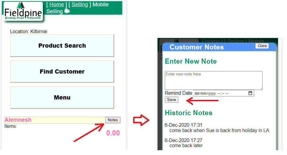 Example SellMobile note entry